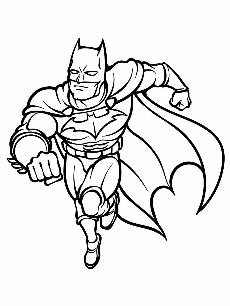 Desenho para colorir de Batman em uma pose de ação dinâmica.