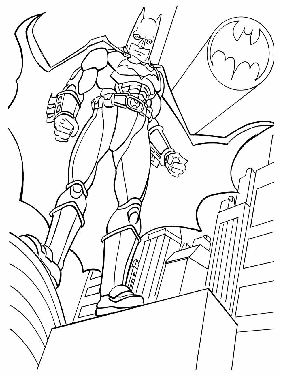 Desenho para colorir de Batman avançando sobre os telhados com o bat-sinal ao fundo.