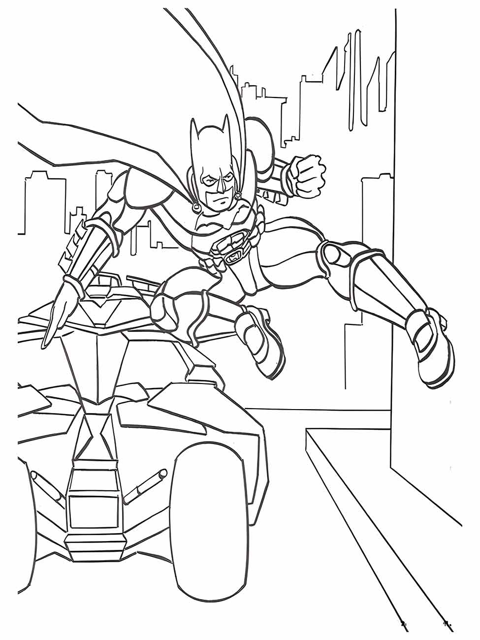 Desenho para colorir de Batman saltando de um veículo similar a um Batmóvel.