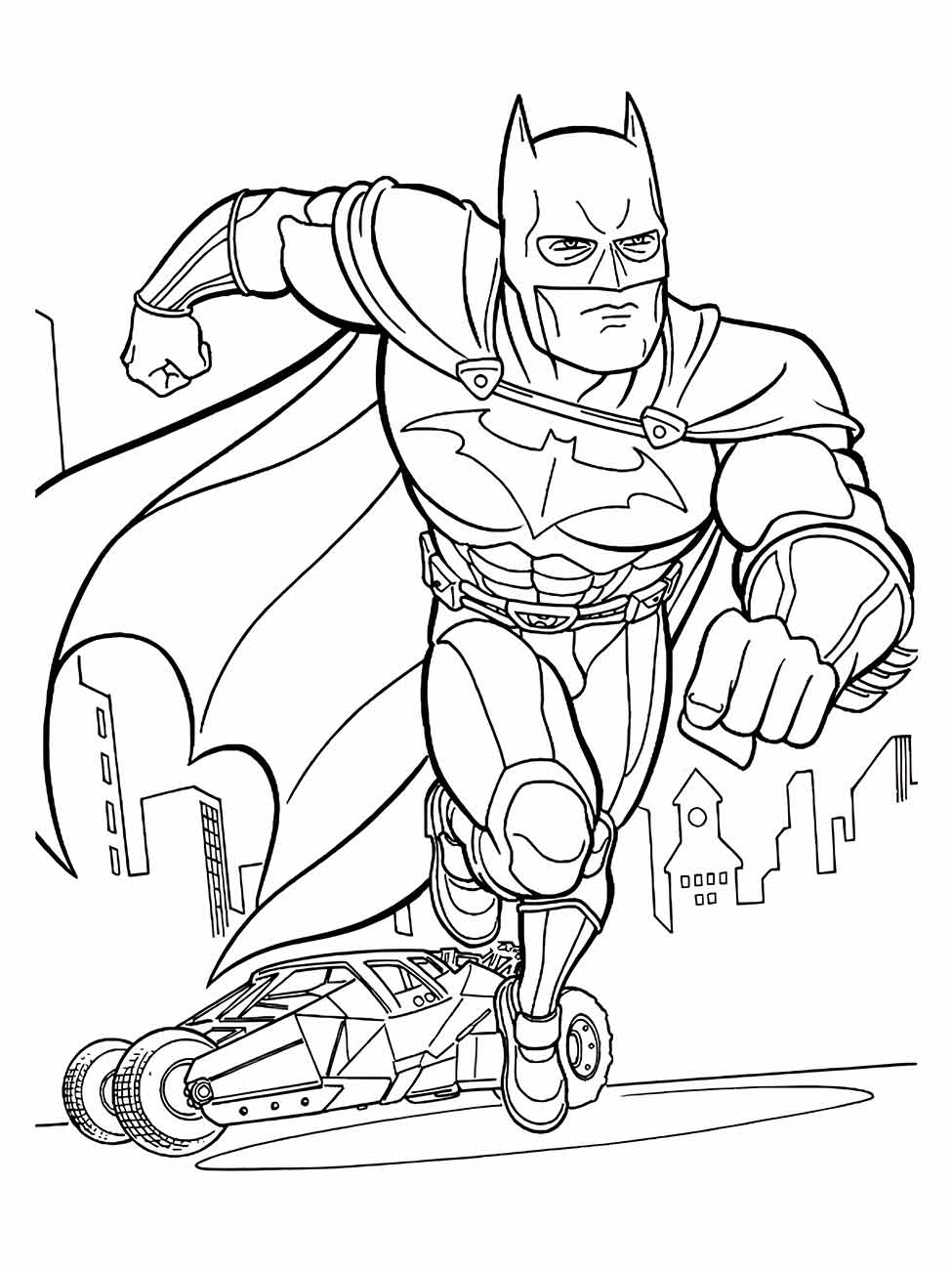 Desenho para colorir de Batman correndo ao lado de um veículo parecido com a Batmoto.