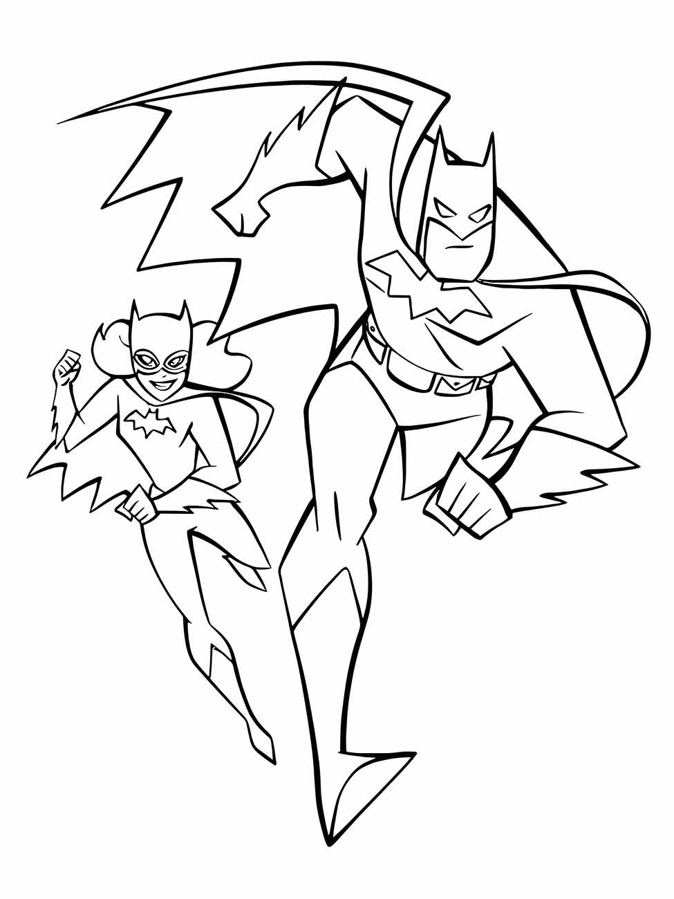 Desenho para colorir de Batman e Batgirl em corrida heroica.