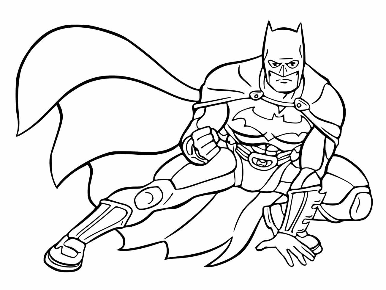 Desenho para colorir de Batman agachado em pose de combate.