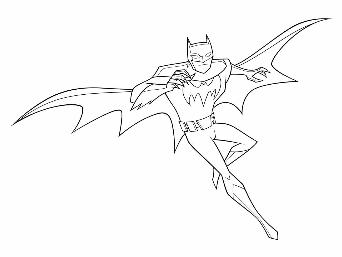 Desenho para colorir de Batman voando com a capa estendida.