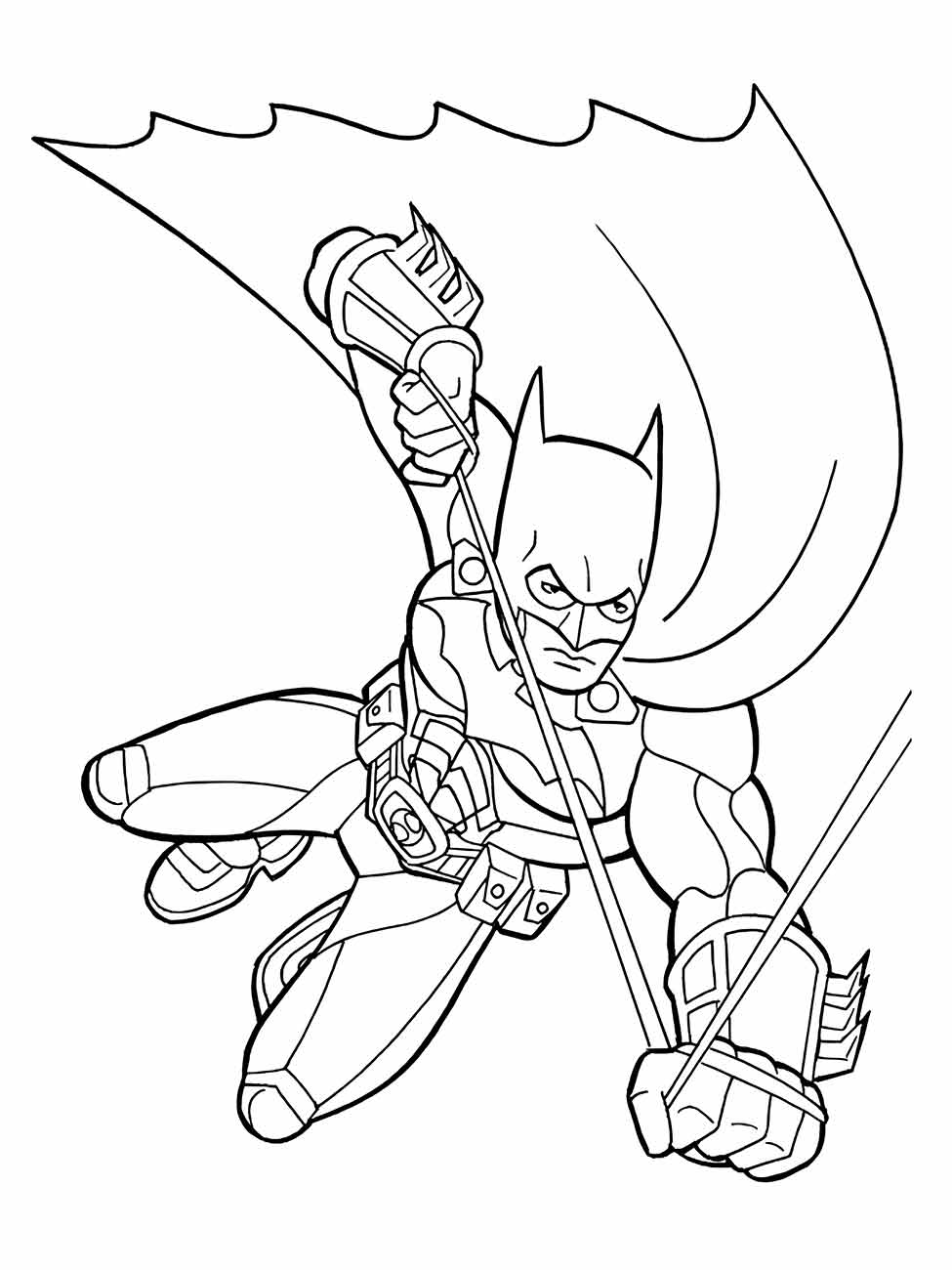 Desenho para colorir de Batman deslizando em ação com equipamento de combate.