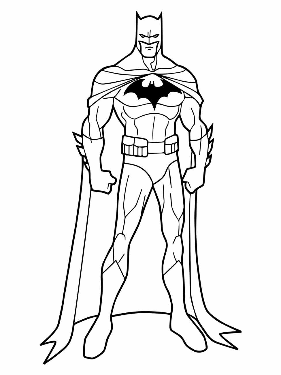 Desenho para colorir de Batman em pé, com uniforme clássico e capa.