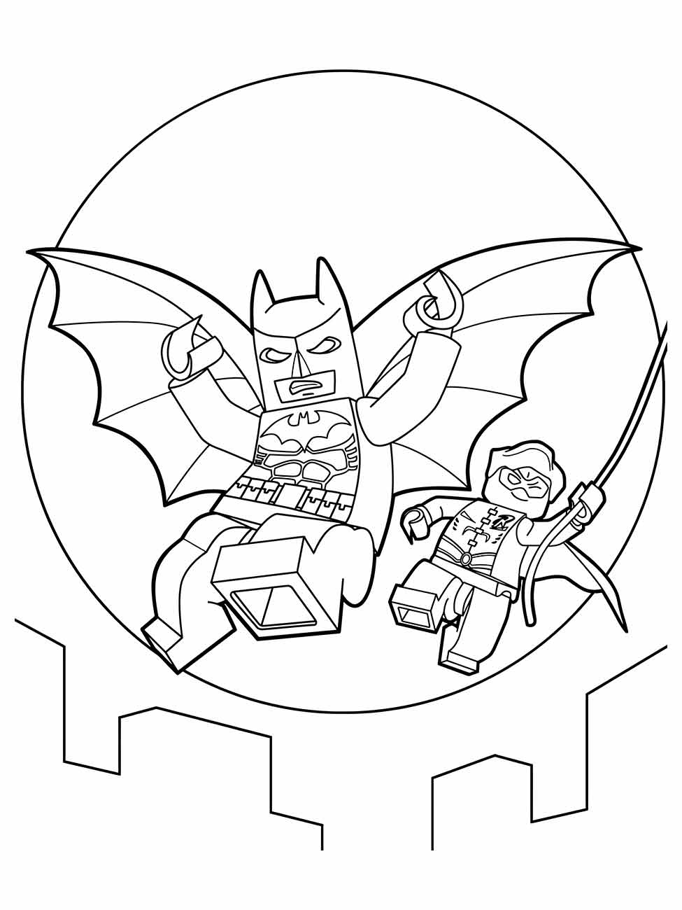 Desenho para colorir de Batman e Robin em estilo Lego contra um fundo de bat-sinal.