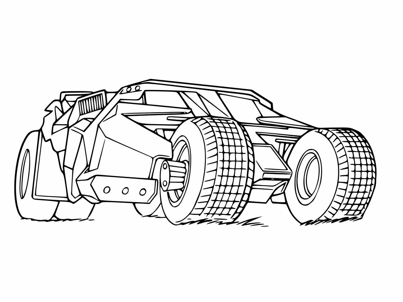 Desenho para colorir de um carro do Batman com grandes rodas e design angular.