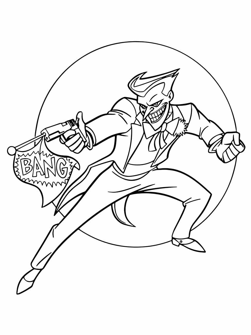 Desenho para colorir do Coringa com um brinquedo e expressão travessa.