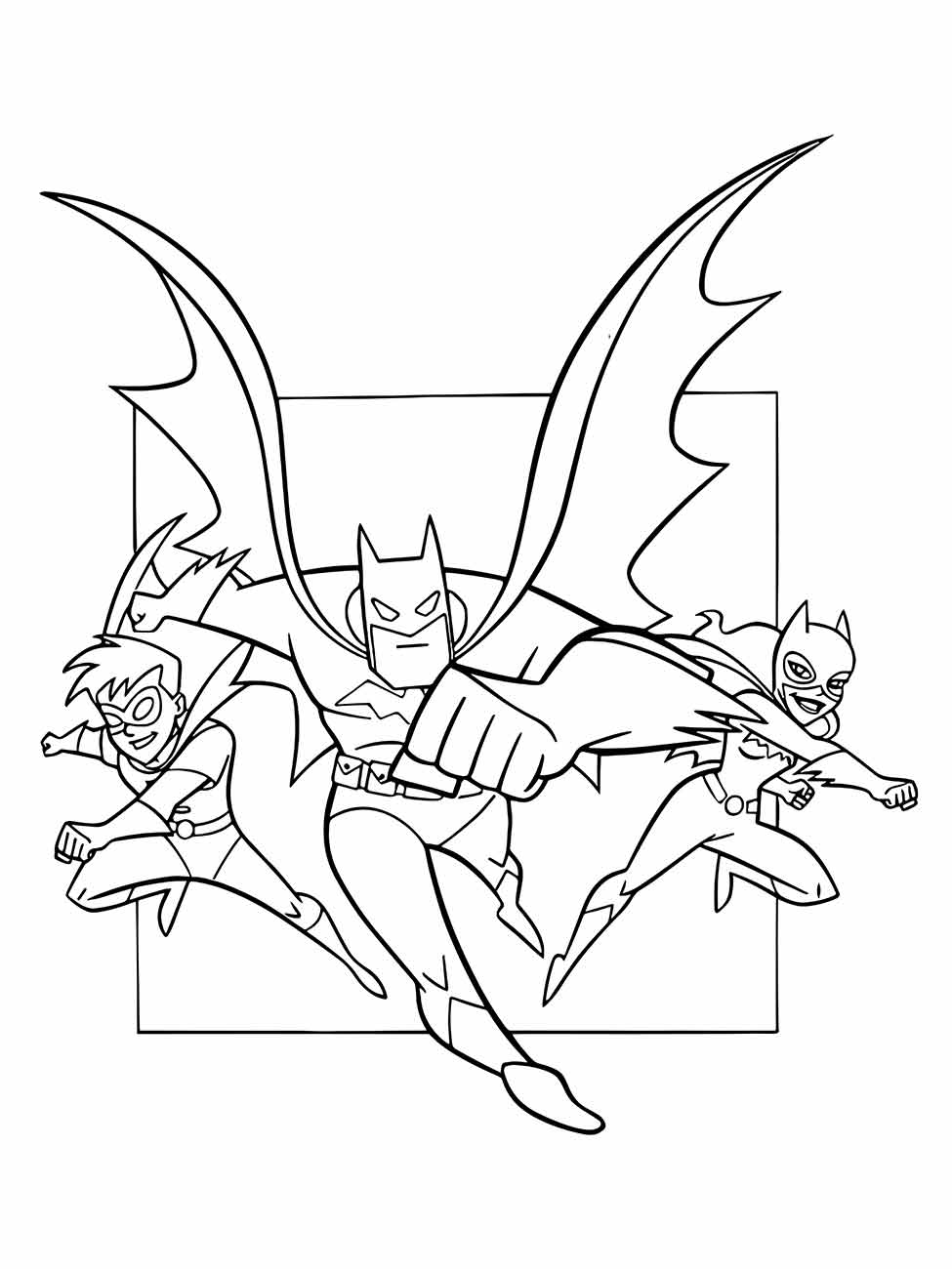 Desenho para colorir de Batman, Robin e Batgirl em ação, prontos para a luta.