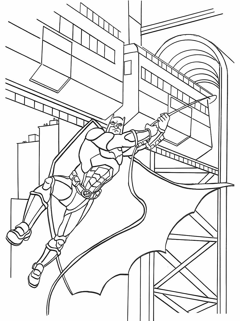 Desenho para colorir de Batman utilizando um arpéu para escalar um edifício.