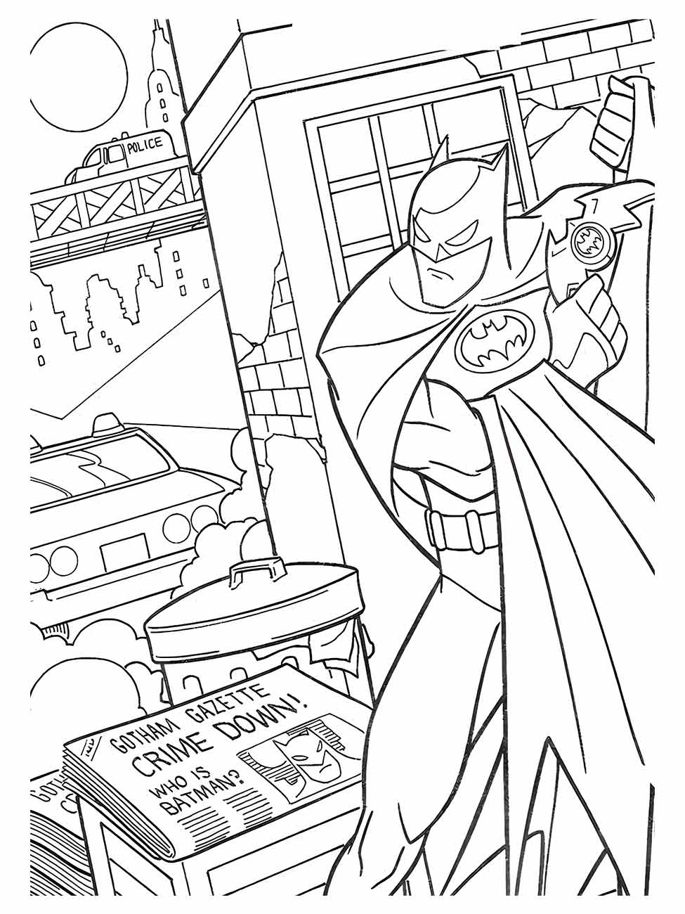 Desenho para colorir de Batman com um batarang, contra um fundo de Gotham City.