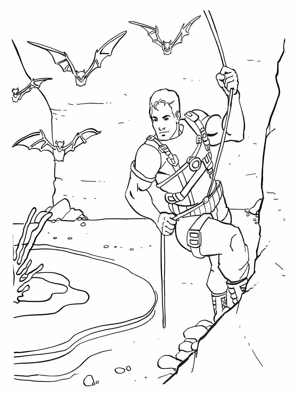 Desenho para colorir de Batman escalando uma montanha com morcegos voando ao redor.