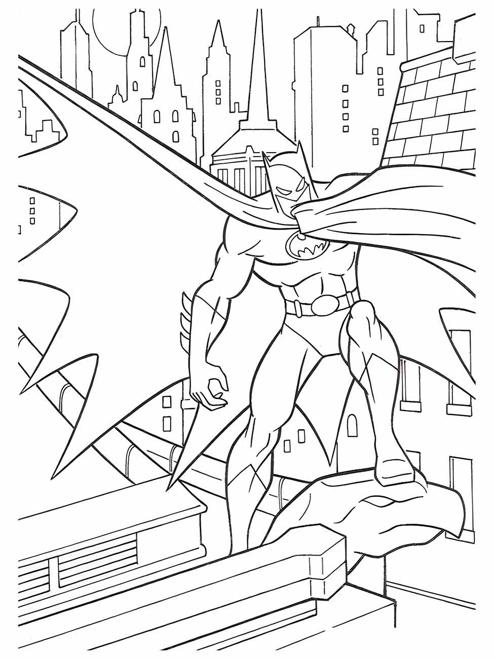 Desenho para colorir de Batman em pé em uma gárgula, vigiando os arranha-céus de Gotham.