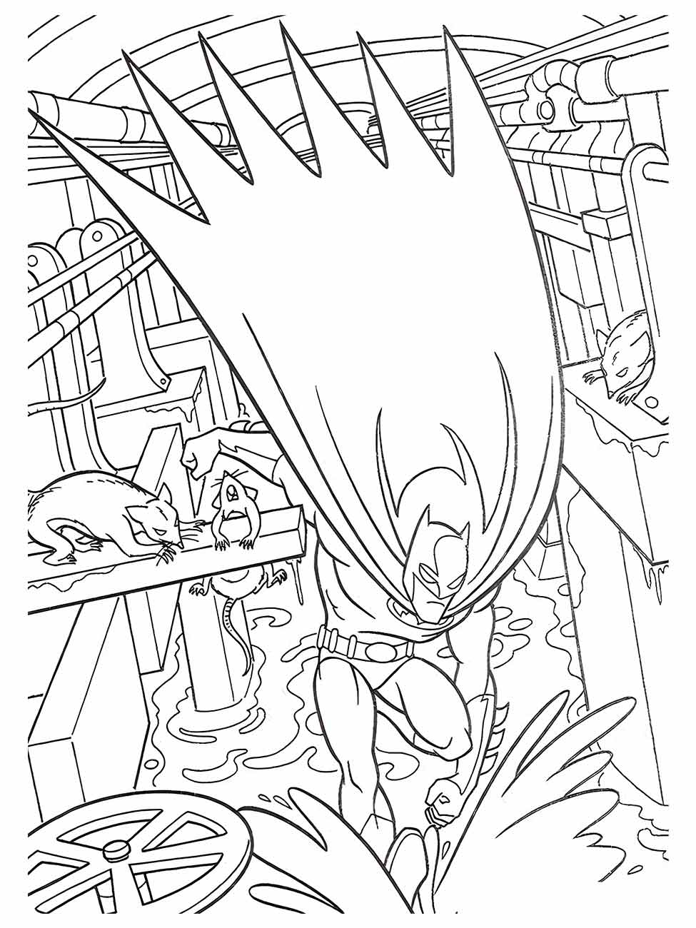 Desenho para colorir de Batman saltando para a ação em um esgoto, com ratos ao fundo.