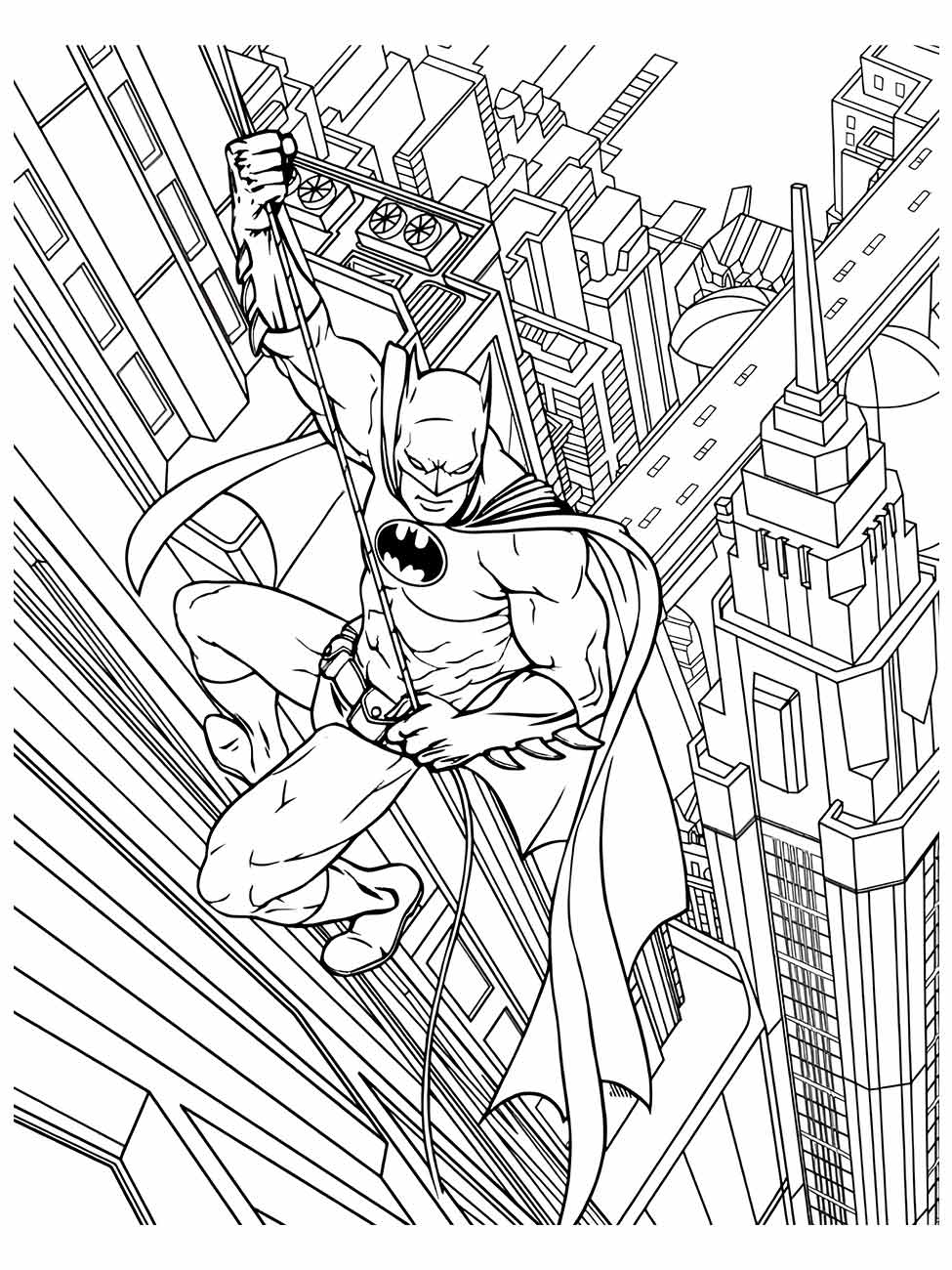 Desenho para colorir de Batman usando um arpéu para navegar entre arranha-céus.