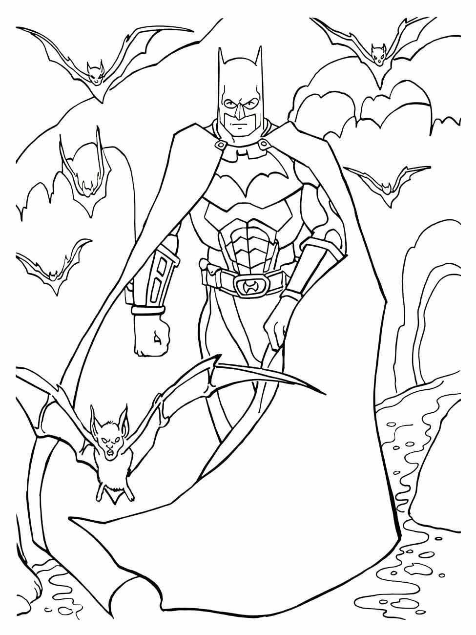 Desenho para colorir de Batman cercado por morcegos em uma caverna.