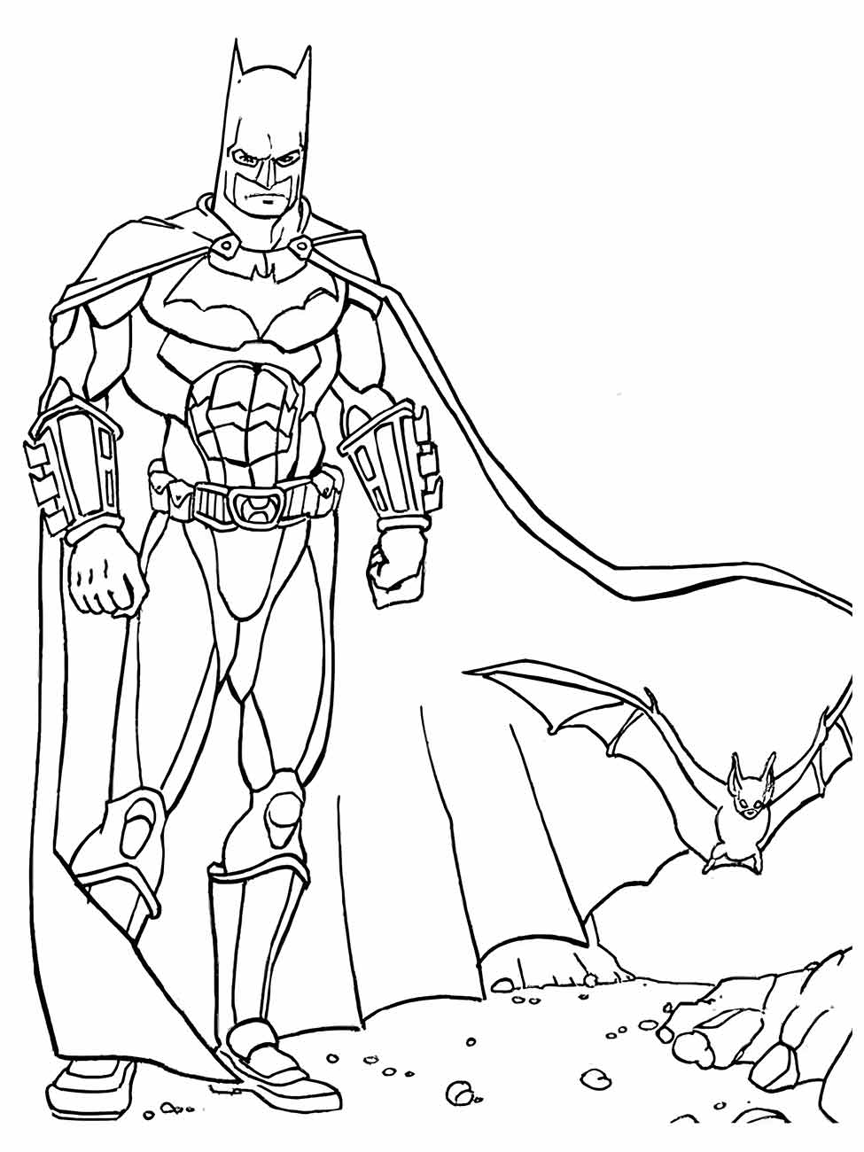 Desenho para colorir de Batman em uma armadura tecnológica, com morcegos ao fundo.