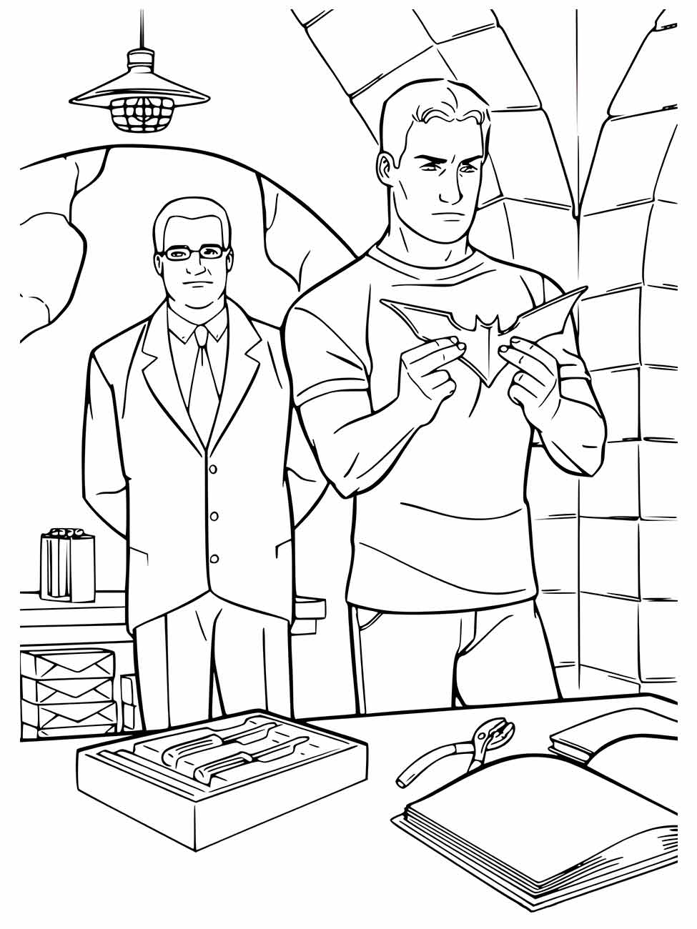 Desenho para colorir de Bruce Wayne e Alfred na Batcaverna, com equipamentos ao fundo.