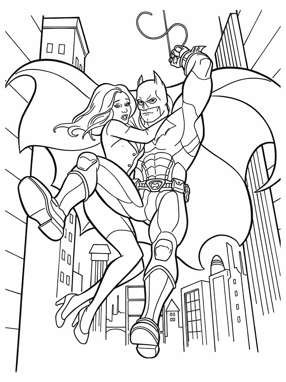 Desenho para colorir de Batman e uma mulher voando pelos arranha-céus de Gotham com o arpéu.