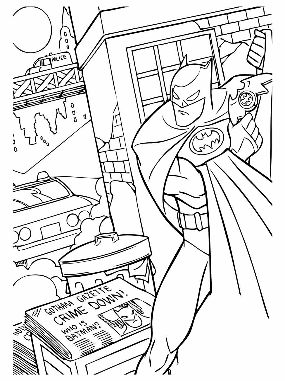 Desenho para colorir de Batman com a Bat-sinal, destacando um jornal com manchete sobre sua atuação.