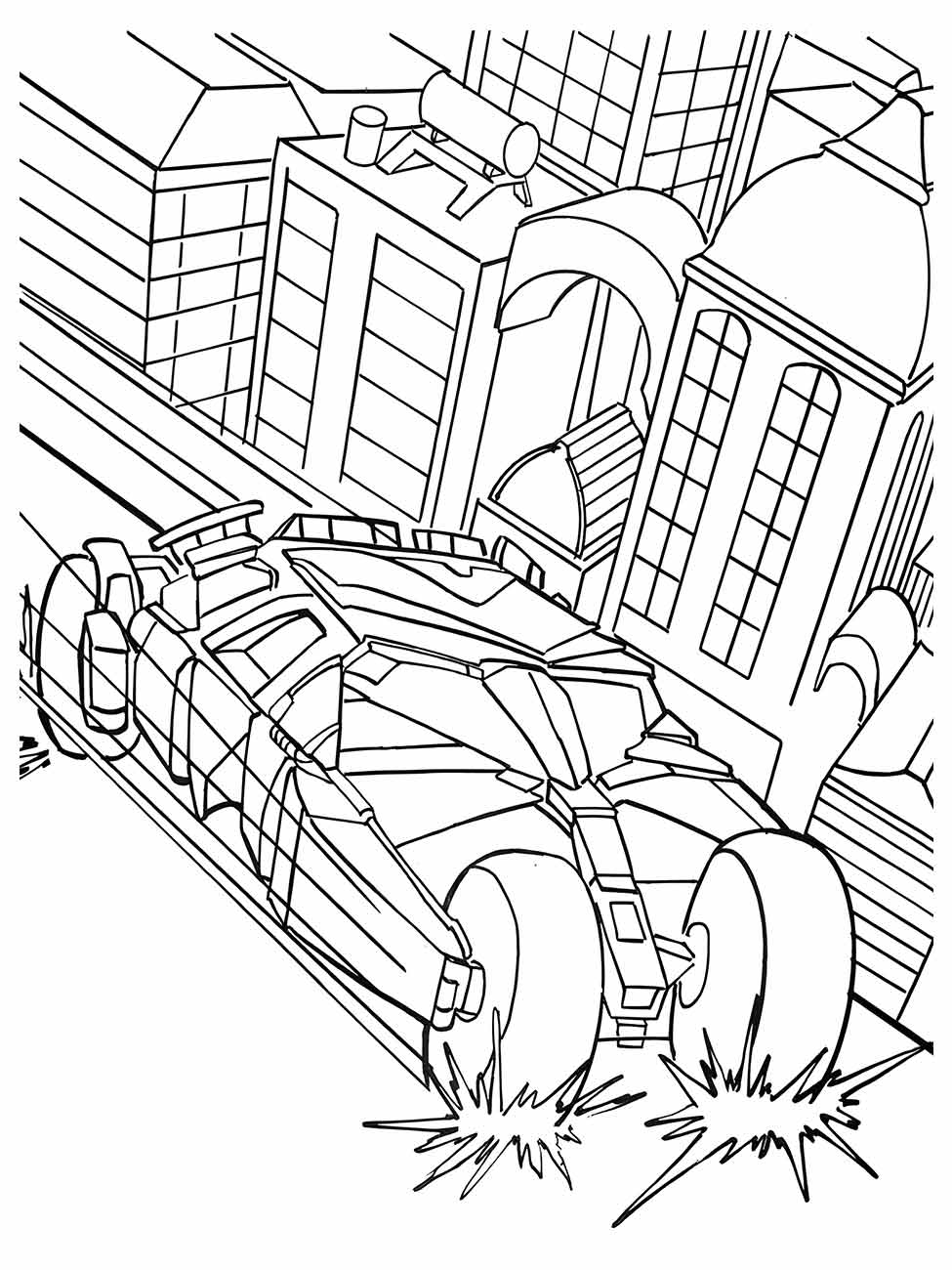 Desenho para colorir do Batmóvel em alta velocidade pelas ruas de Gotham.