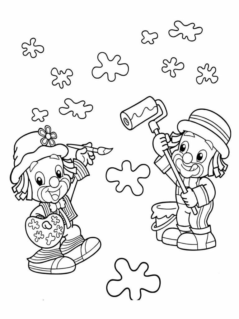 Desenho para colorir e imprimir de palhaços um com um martelo e outro pintando.