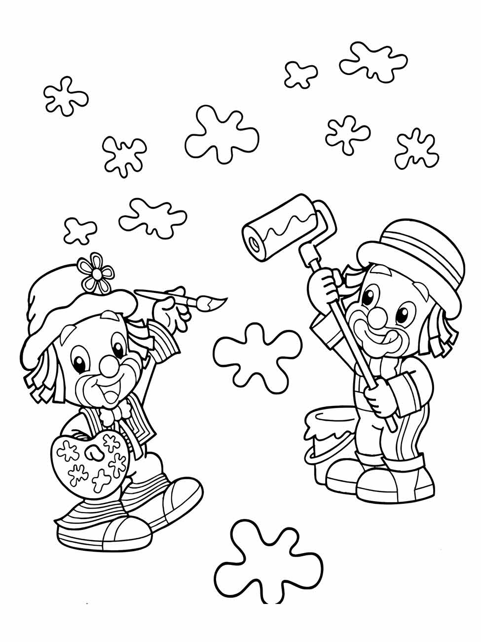 Desenho para colorir e imprimir de palhaços um com um martelo e outro pintando.