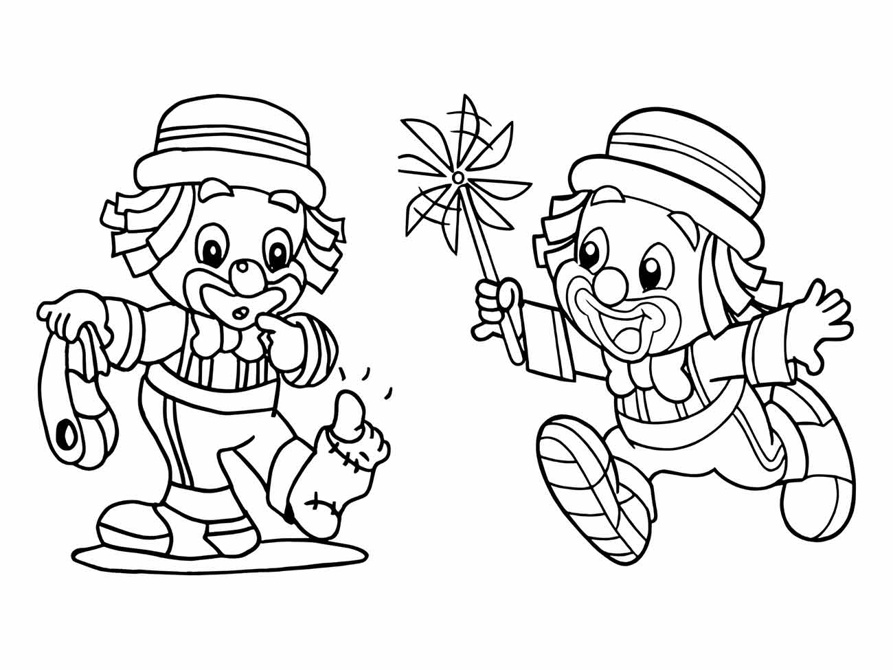 Desenho de palhaços para colorir e imprimir, um brincando com uma bomba de água e o outro com uma pinwheel.