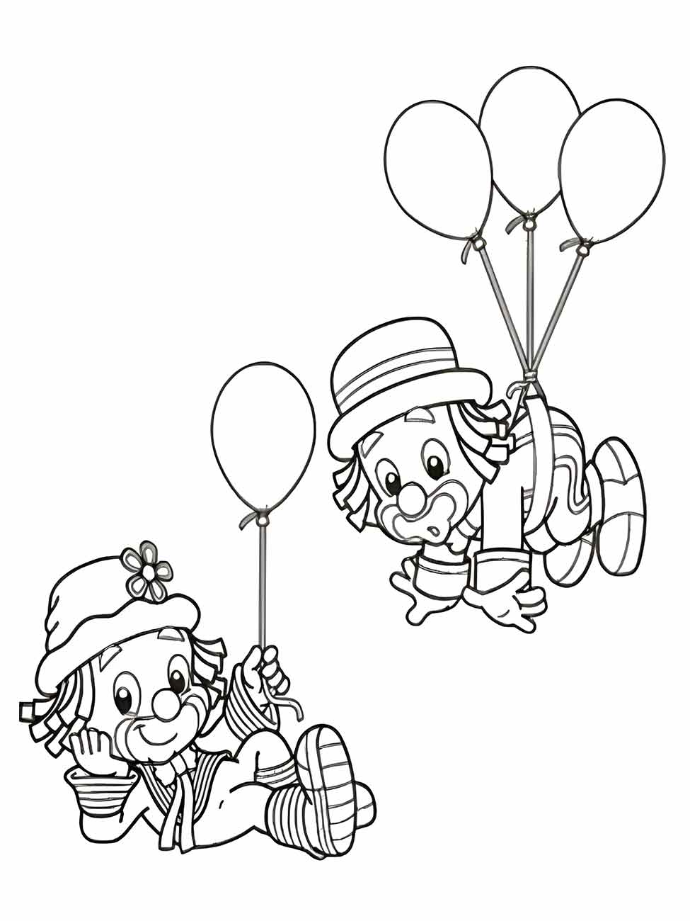 Desenho de palhaços para colorir e imprimir, um com 3 balões e o outro segurando a corda do balão.