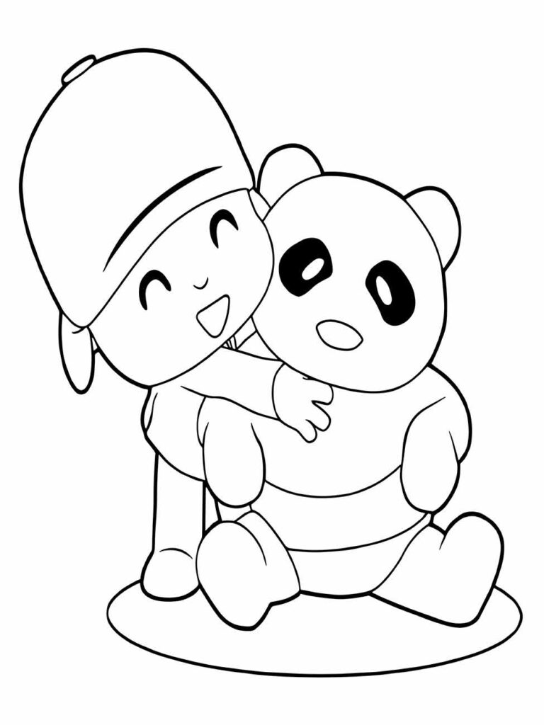 Desenhos para colorir do Pocoyo com um panda, adequados para atividades de pintura infantil.