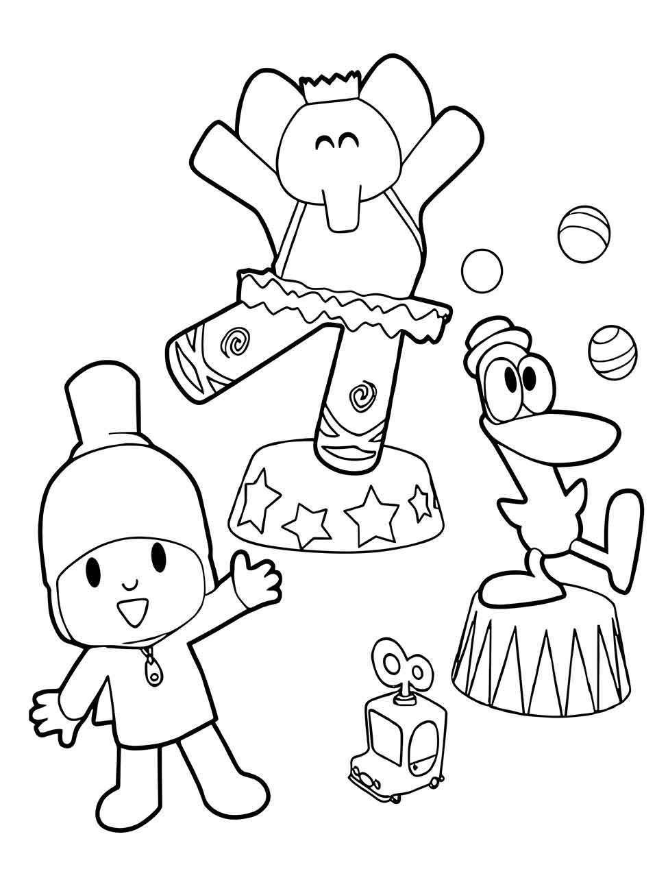 Desenhos para colorir da turma do Pocoyo, incluindo Elly e Pato em cenas divertidas para crianças.