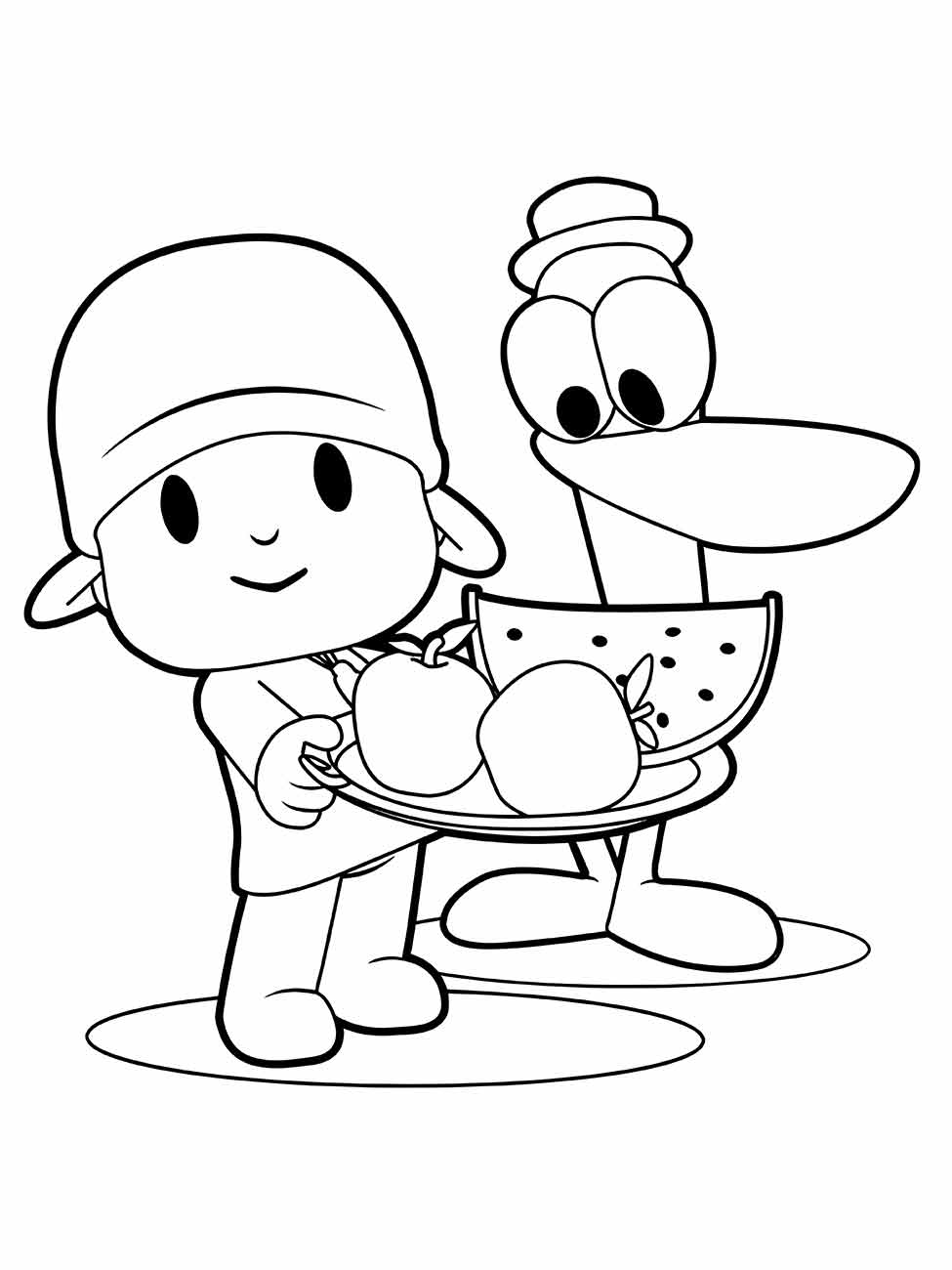 Desenhos para colorir e imprimir do Pocoyo e Pato compartilhando frutas, ideal para a criatividade das crianças.