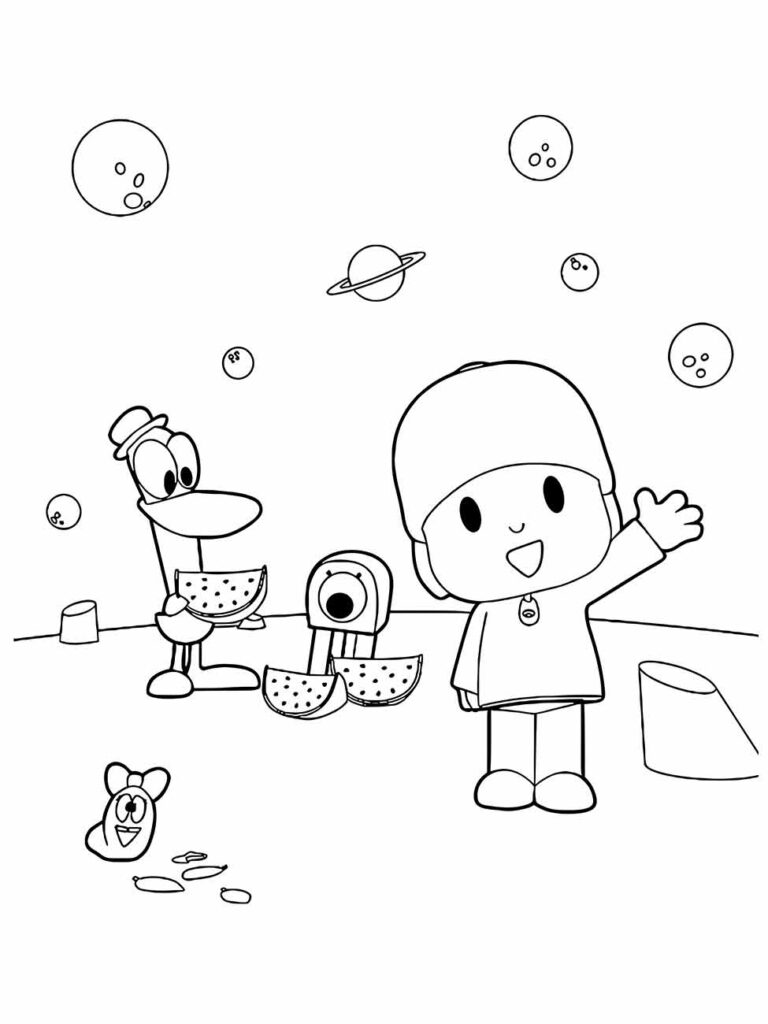 Pocoyo para colorir e imprimir com amigos e um tema espacial, perfeito para explorar a imaginação.