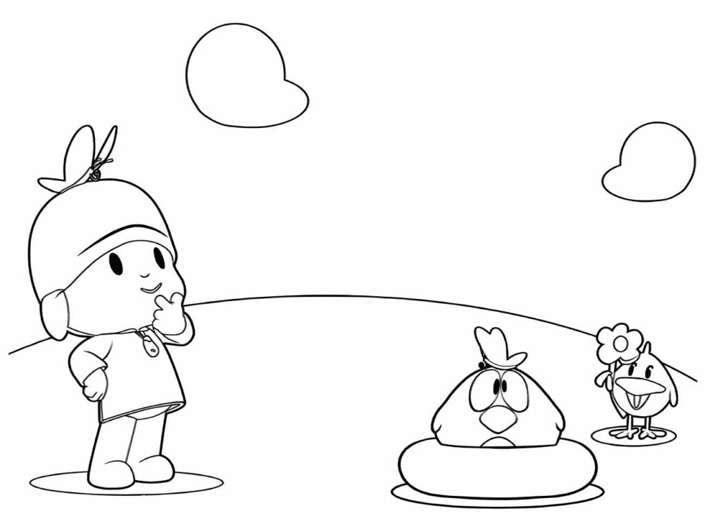 Desenho para imprimir e colorir Pocoyo com Sonequita e Pajaroto, proporcionando uma cena pensativa para as crianças.