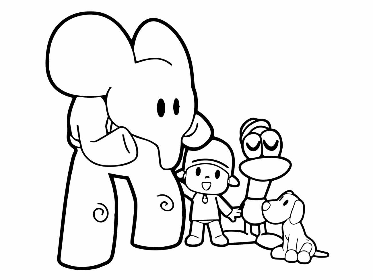 Desenho da turma do Pocoyo para colorir com Elly, Pocoyo, Pato e Loula, ideal para atividades de pintura em grupo.