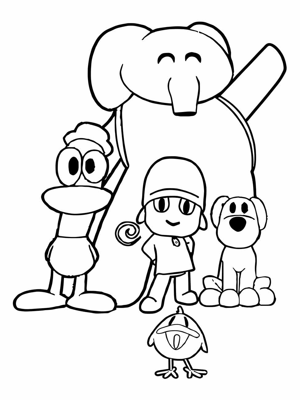 Desenhos para colorir da turma do Pocoyo, com Elly, Pato, e Loula, perfeito para atividades em grupo.