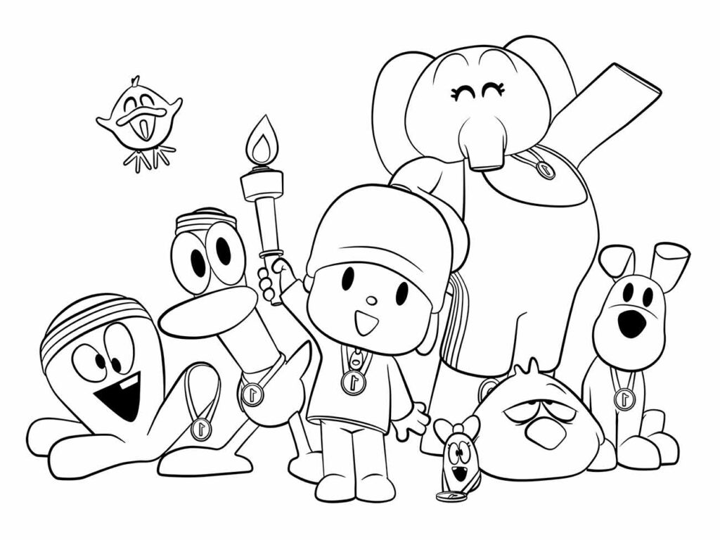 Elly Pocoyo para colorir junto com Pocoyo e sua turma segurando uma tocha, ótimo para estimular a imaginação.