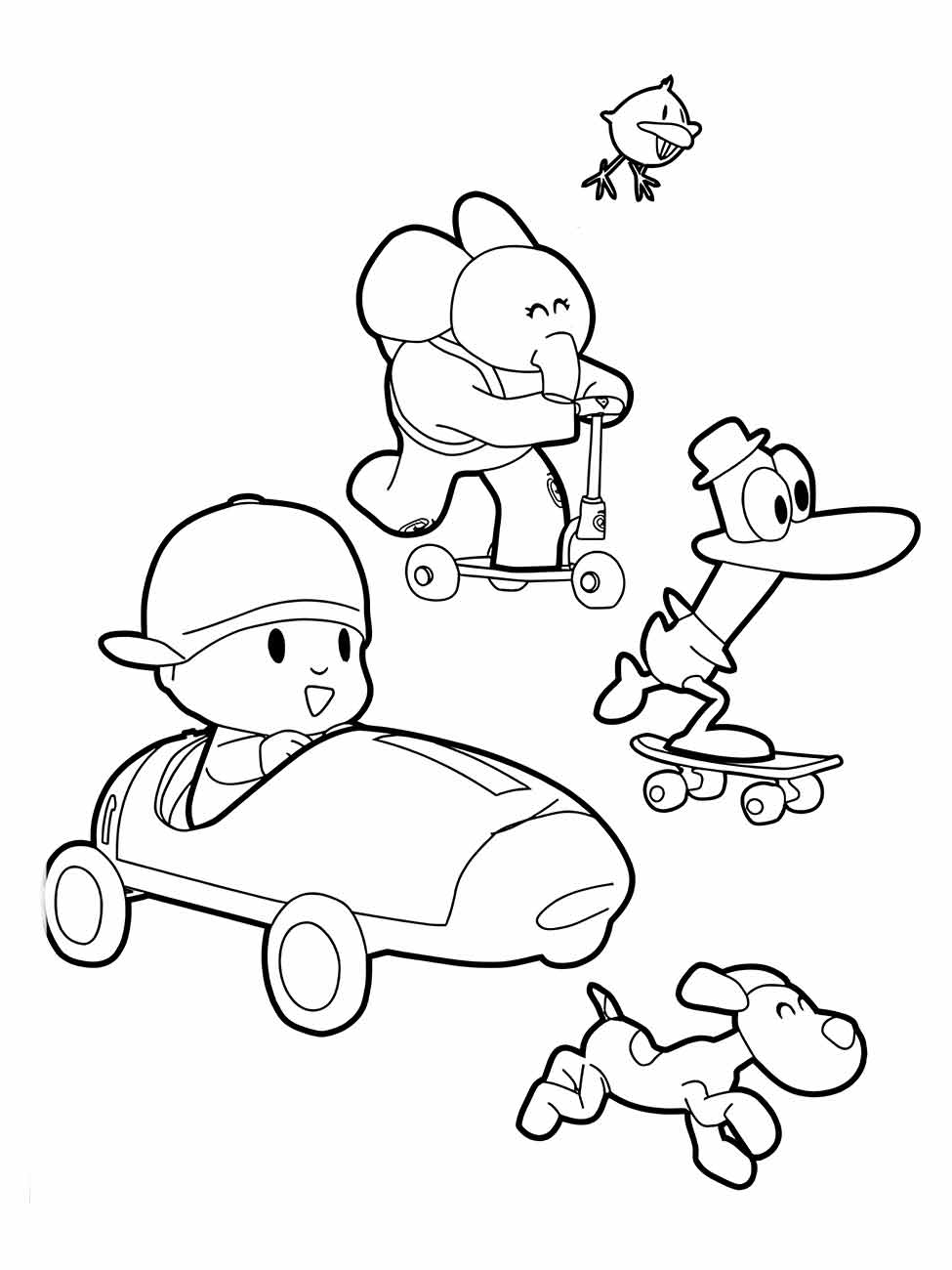 Desenhos do Pocoyo para colorir e imprimir com Elly de patinete, Pato de skate e Loula correndo, perfeito para diversão.