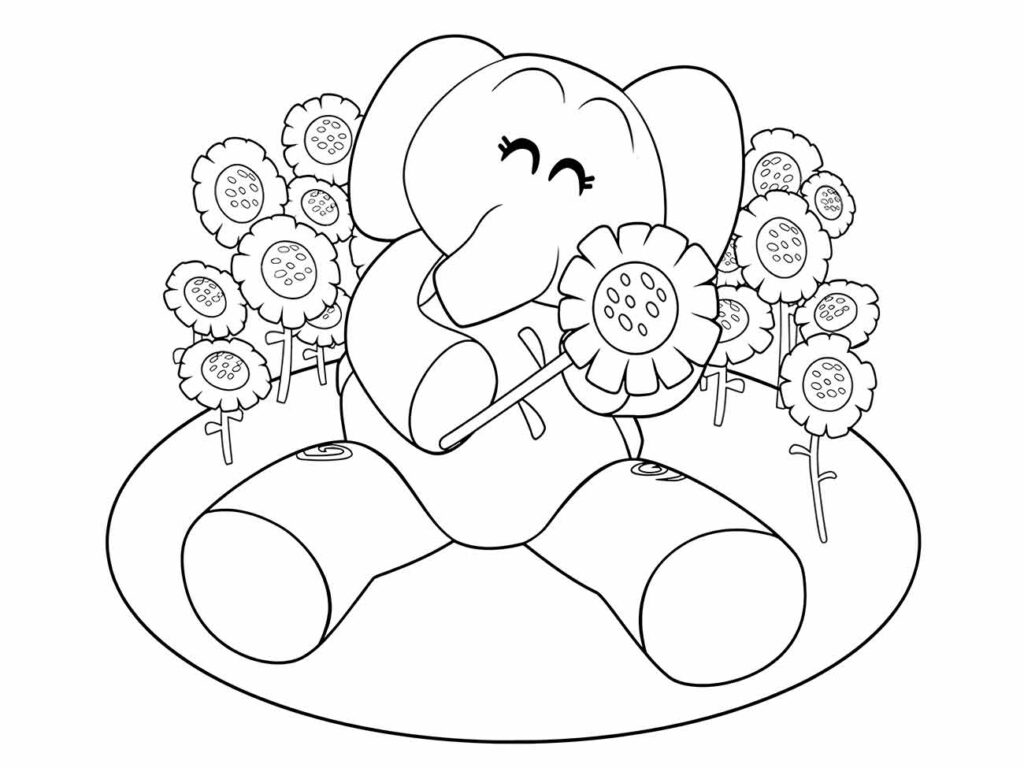 Desenhos para colorir e imprimir do Pocoyo com Elly cercada de flores, ideal para a primavera.