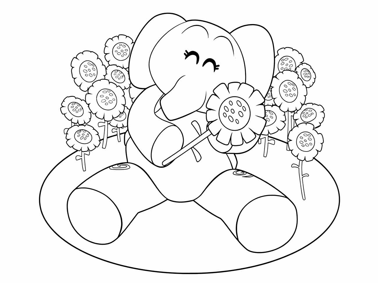 Desenhos para colorir e imprimir do Pocoyo com Elly cercada de flores, ideal para a primavera.