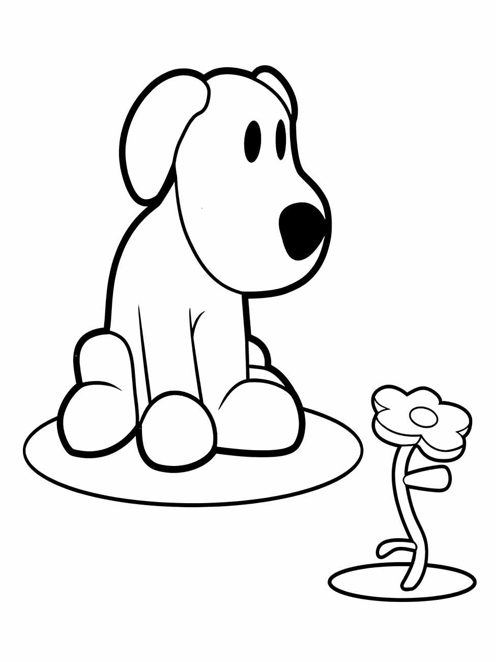 Desenhos para colorir e imprimir do de Loula do pocoyo, observando uma flor, perfeito para desenvolver a atenção ao detalhe.