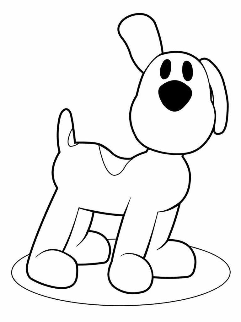 Loula Pocoyo para colorir, mostrando o adorável cachorrinho em uma pose atenta, ótimo para as crianças pintarem.