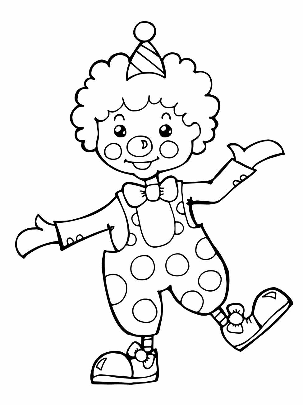 Desenho de palhaço para colorir (educação infantil), mostrando um palhaço feliz com um chapéu de festa.