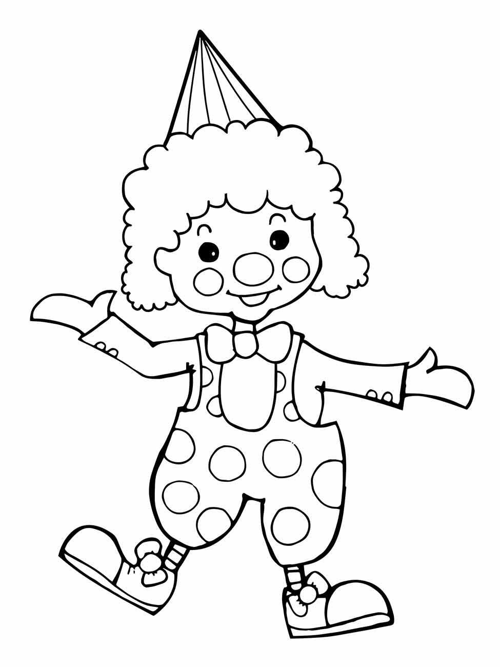 Desenho para colorir de um palhaço com roupa de bolinhas e chapéu de festa.