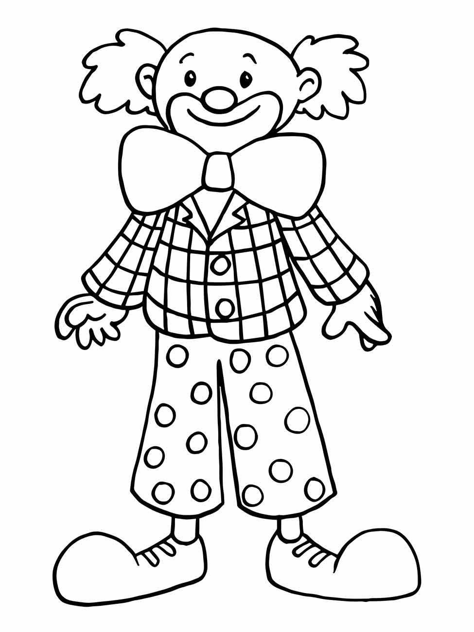 Desenho para colorir e imprimir de um palhaço sorridente com gravata borboleta e calças de bolinhas.