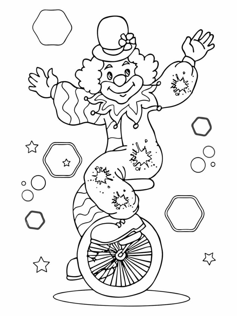 Desenho para colorir e imprimir de um palhaço em monociclo, com traje e estrelas.