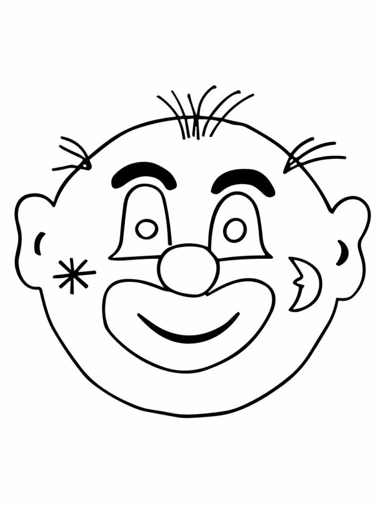 Desenho para colorir de um rosto de palhaço sorridente.