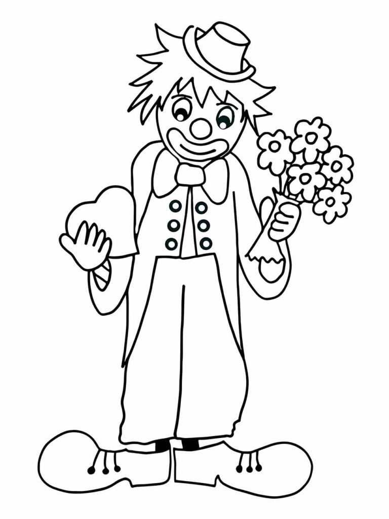 Desenho para colorir, recortar e montar de um palhaço com buquê de flores e chapéu.