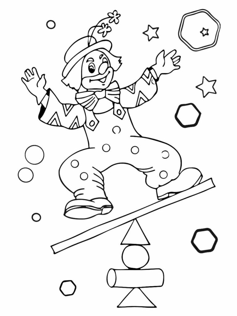 Desenho para colorir de um palhaço equilibrando-se em uma prancha.