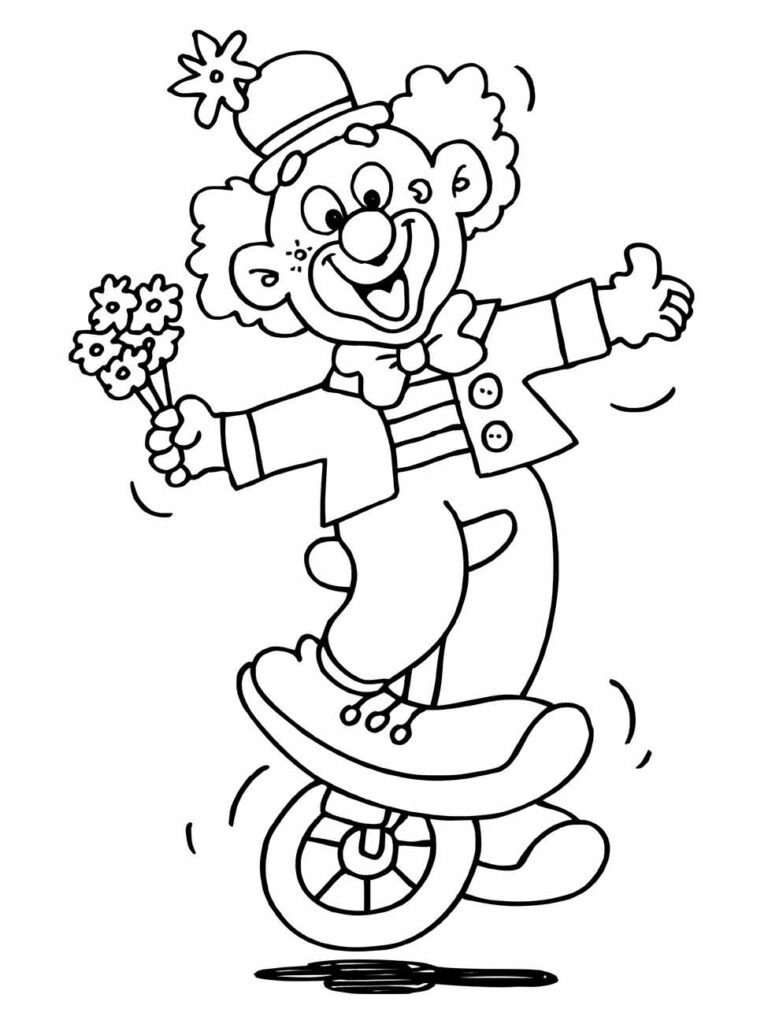 Desenho para colorir e imprimir de um palhaço sobre um patinete segurando flores.